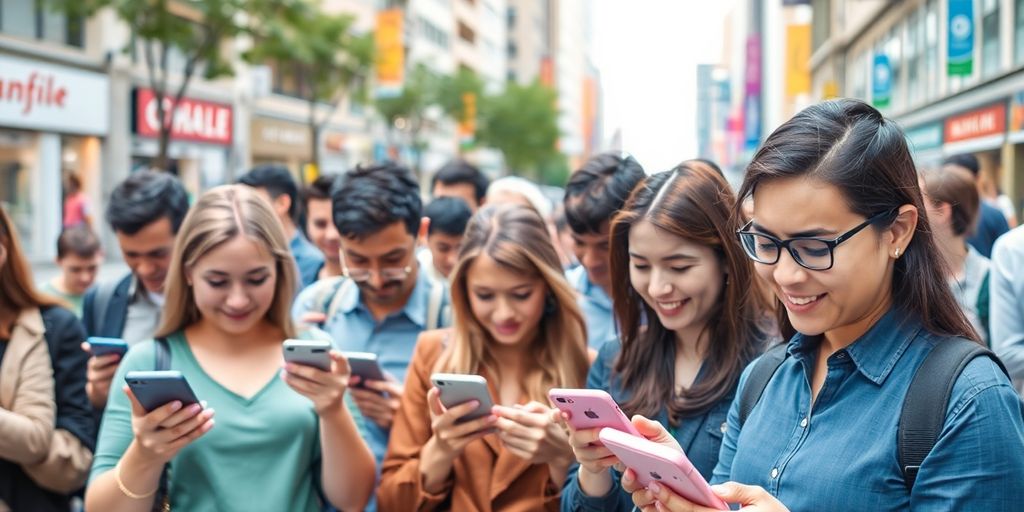 Diverse people using mobile devices in an urban environment.